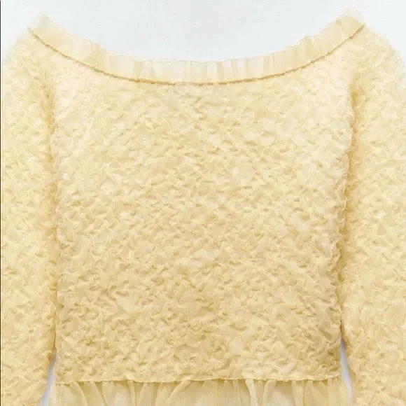 Zara NWT light yellow off shoulder long sleeve textured mesh ruffle trim top - Picture 9 of 10